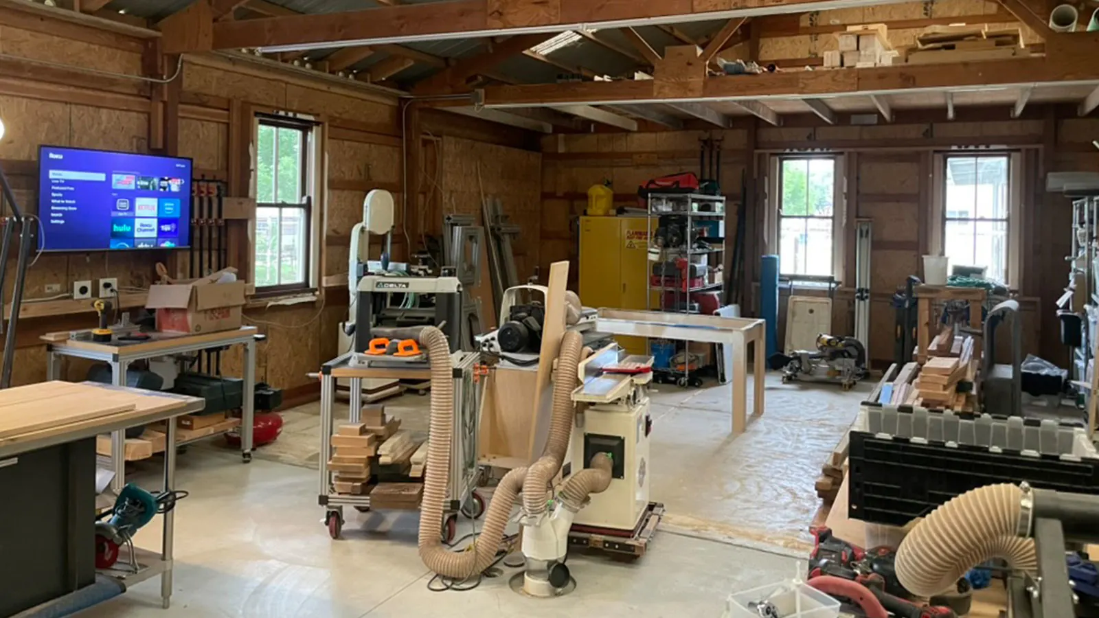 Inside the woodshop — tools and bench
